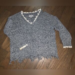 Wildfox Navy and Cream V-Neck Sweater Size Small Over Sized Distressed